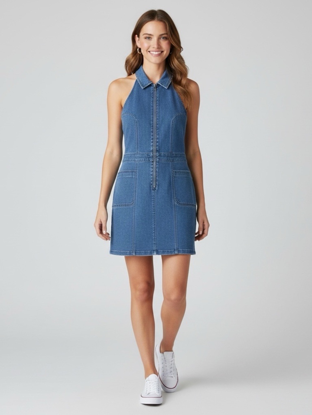 GUESS NWT Denim Halter Mini Dress XL Zip Front Y2K $148